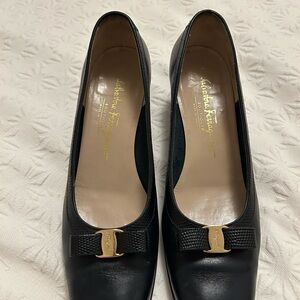 Salvatore Ferragamo Black Leather Heels with Gold Accent